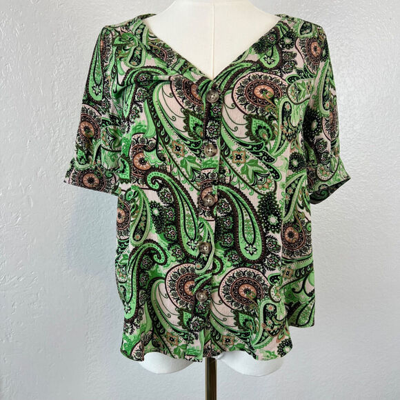 Maeve Anthropologie Shirt Womens 4 Blaise Green Paisley Button Front Boho Casual - Picture 1 of 12